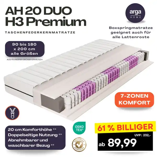 Bild 1 von AH20 Premium 7-Zonen Taschenfederkernmatratze 20 cm H3