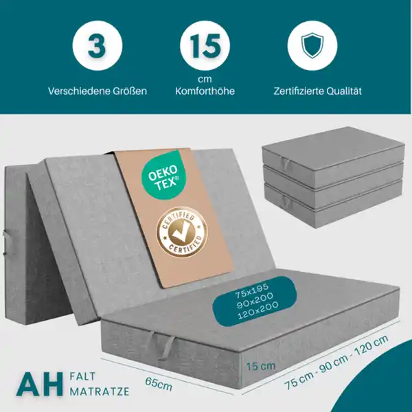 Bild 2 von AH-Falt Klappmatratzen H3 15 cm– 3-teilige Faltmatratze, Gästematratze,