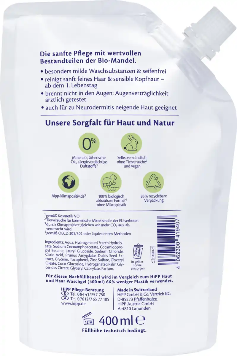 Bild 2 von HiPP Babysanft Haut und Haar Waschgel sensitiv, Nachfüller, 400 ml