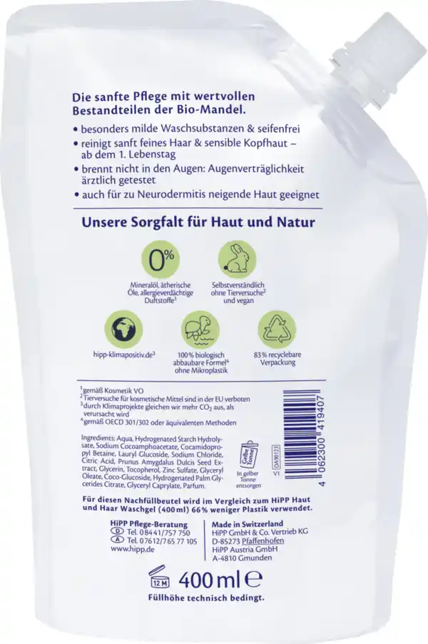 Bild 2 von HiPP Babysanft Haut und Haar Waschgel sensitiv, Nachfüller, 400 ml