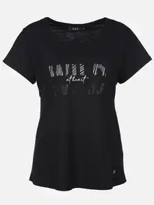 Damen Shirt mit Glitzerprint und Strasssteinchen Schwarz