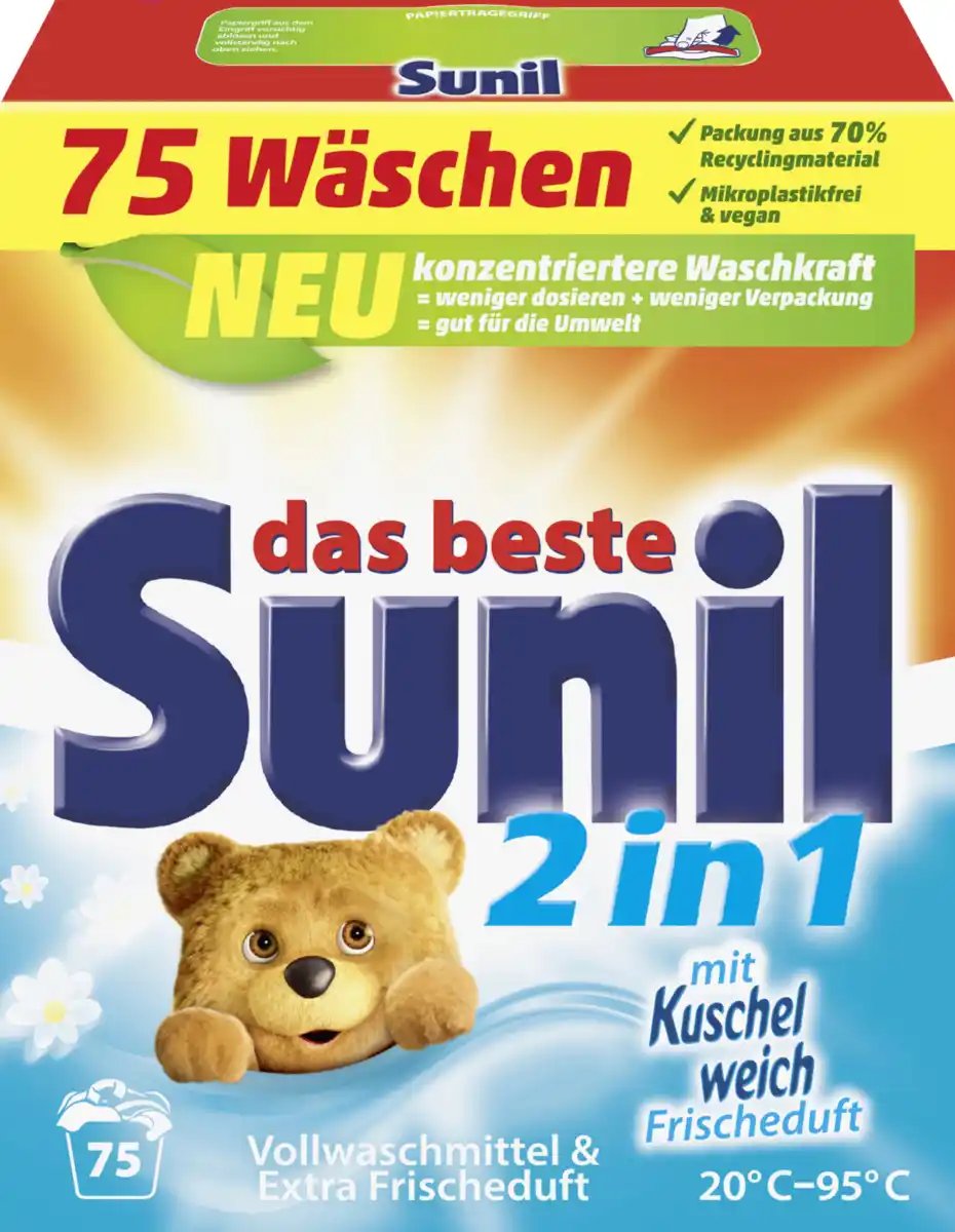 Bild 1 von Sunil 2in1 aktiv Vollwaschmittel Pulver mit Frischeduft 75 WL
