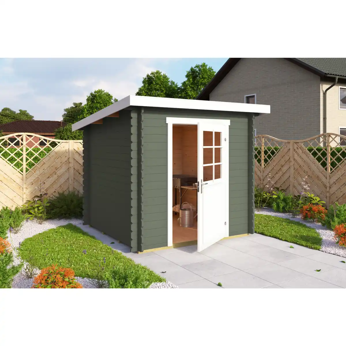 Bild 1 von Gartenhaus »Main«, (BxT): 190x190 cm (Aufstellmaß), 28 mm Wandstärke, grüngrau/weiss