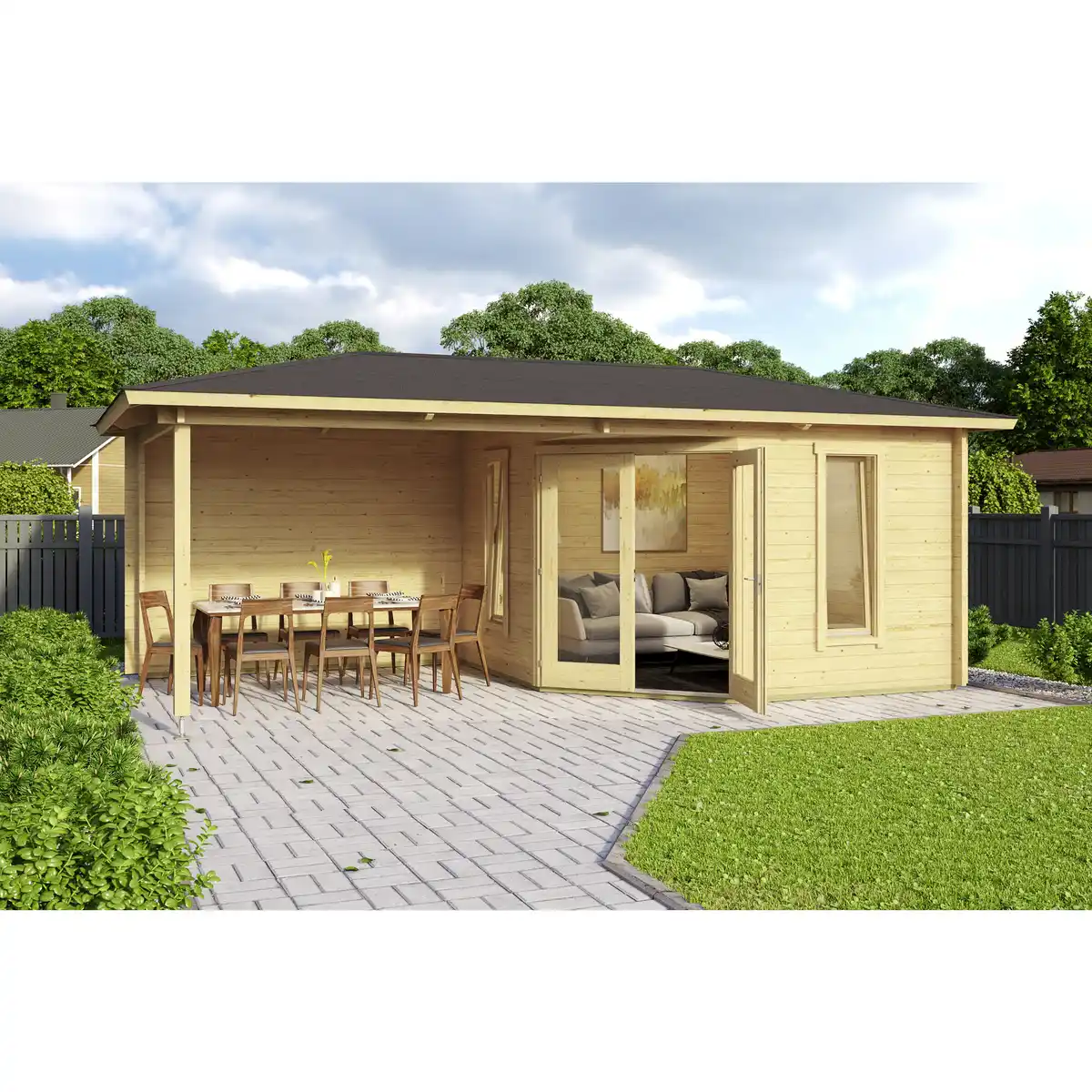 Bild 1 von Blockbohlenhaus »Karlskrona«, Holz, BxHxT: 632 x 285 x 300 cm (Außenmaße inkl. Dachüberstand)