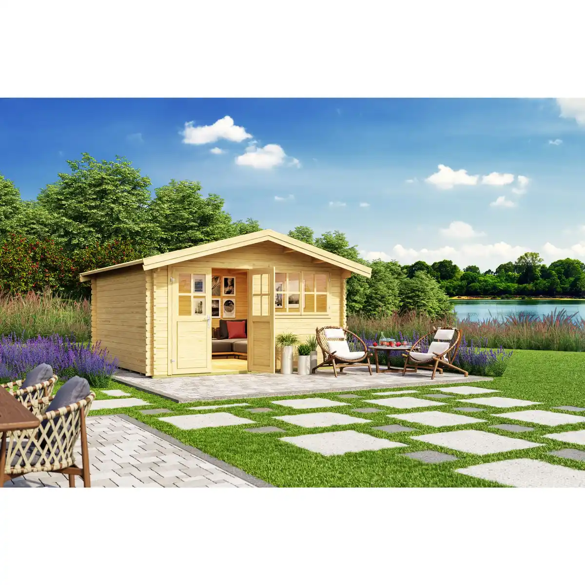 Bild 1 von Blockbohlenhaus »Isar«, BxT: 424 x 443 cm (Aufstellmaße), Satteldach, Wandstärke 34mm