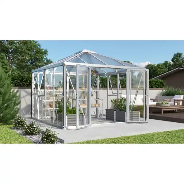 Bild 1 von Vitavia Gewächshaus 'Fortuna 1000' 314,4 x 314,4 cm mit 3 mm Sicherheitsglas/10 mm Hohlkammerplatten aluminiumfarben