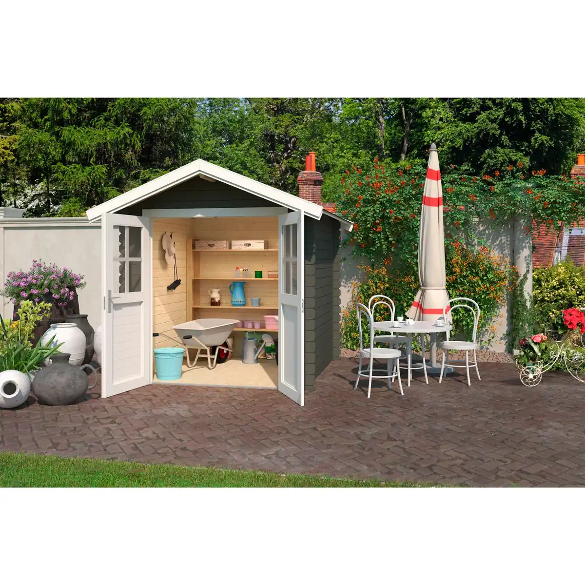 Bild 1 von Gartenhaus »Inn«, (BxT): 200 x 200 cm (Aufstellmaß), 28 mm Wandstärke, grüngrau/weiss