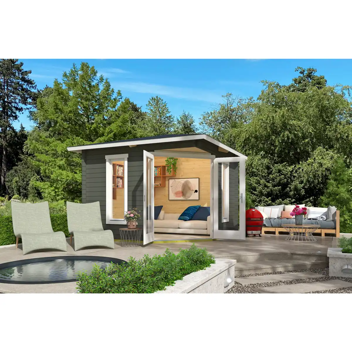 Bild 1 von Gartenhaus »Karlskrona«, (BxHxT): 357,4 x 269,4 x 357,4 cm (Außenmaß), grüngrau/weiss