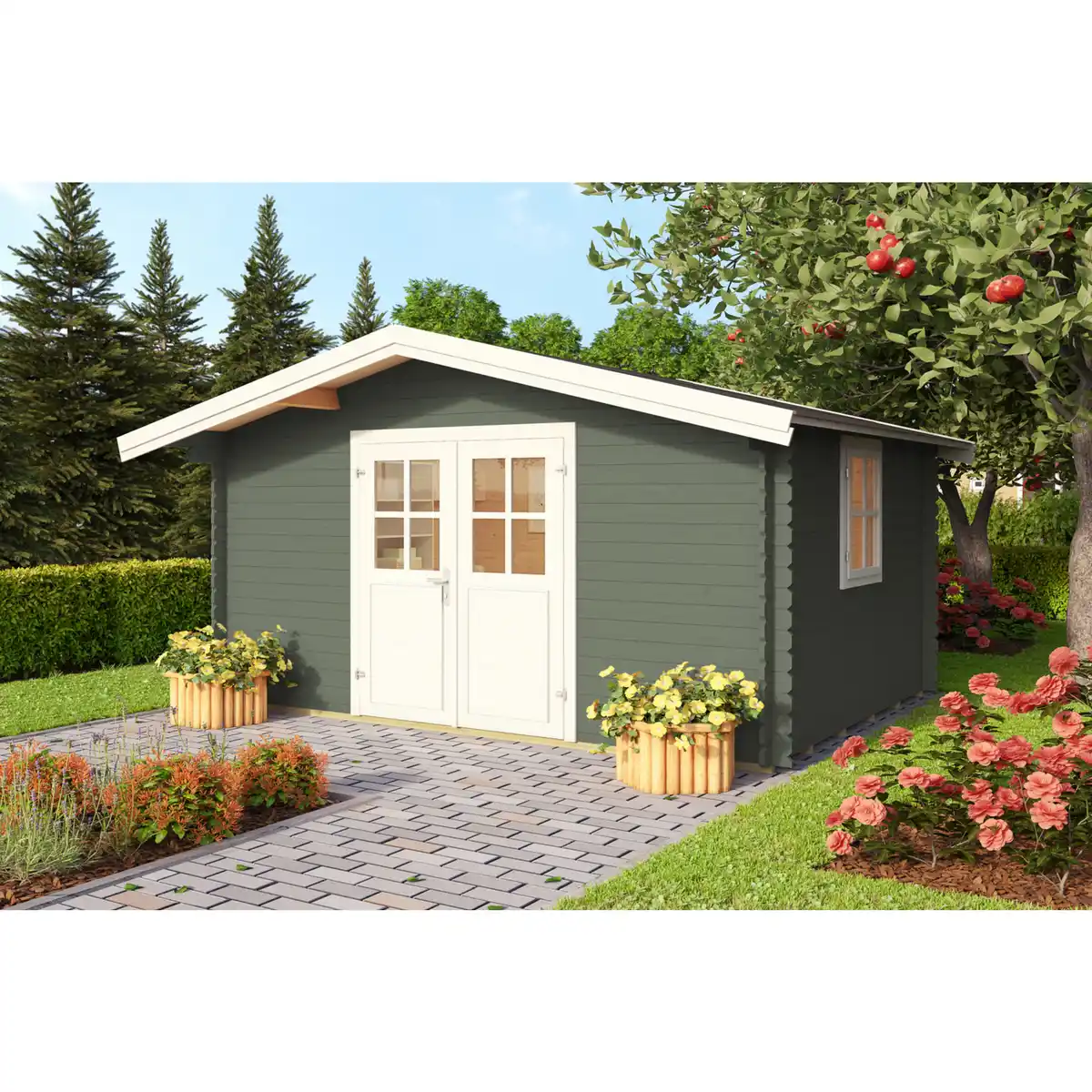 Bild 1 von Gartenhaus »Donau«, (BxHxT): 424,4 x 245,1 x 348 cm (Außenmaß), 28 mm Wandstärke, grüngrau/weiss