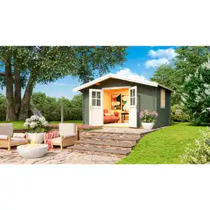 Gartenhaus »Donau«, (BxHxT): 424,3 x 245,1 x 348 cm (Außenmaß), 34 mm Wandstärke, grüngrau/weiss