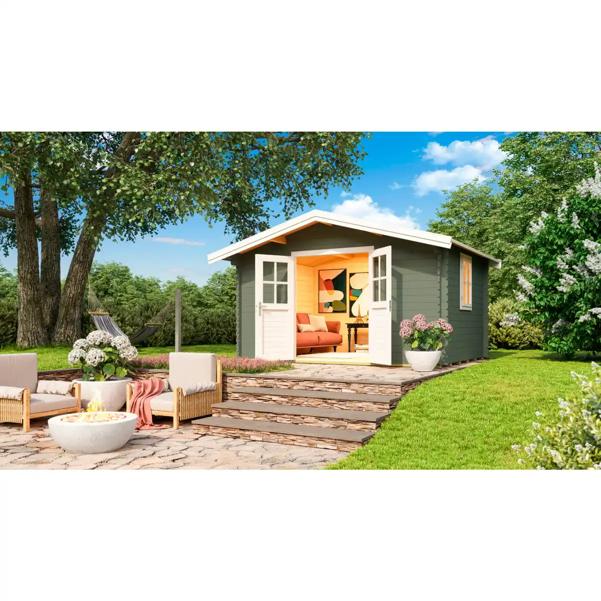 Bild 1 von Gartenhaus »Donau«, (BxHxT): 424,3 x 245,1 x 348 cm (Außenmaß), 34 mm Wandstärke, grüngrau/weiss