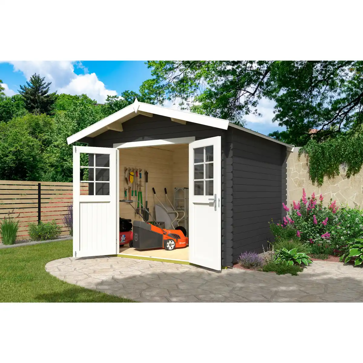 Bild 1 von Gartenhaus »Australien Plus«, (BxHxT): 316,8 x 316,8 x 330 cm (Außenmaß), carbongrau/weiss