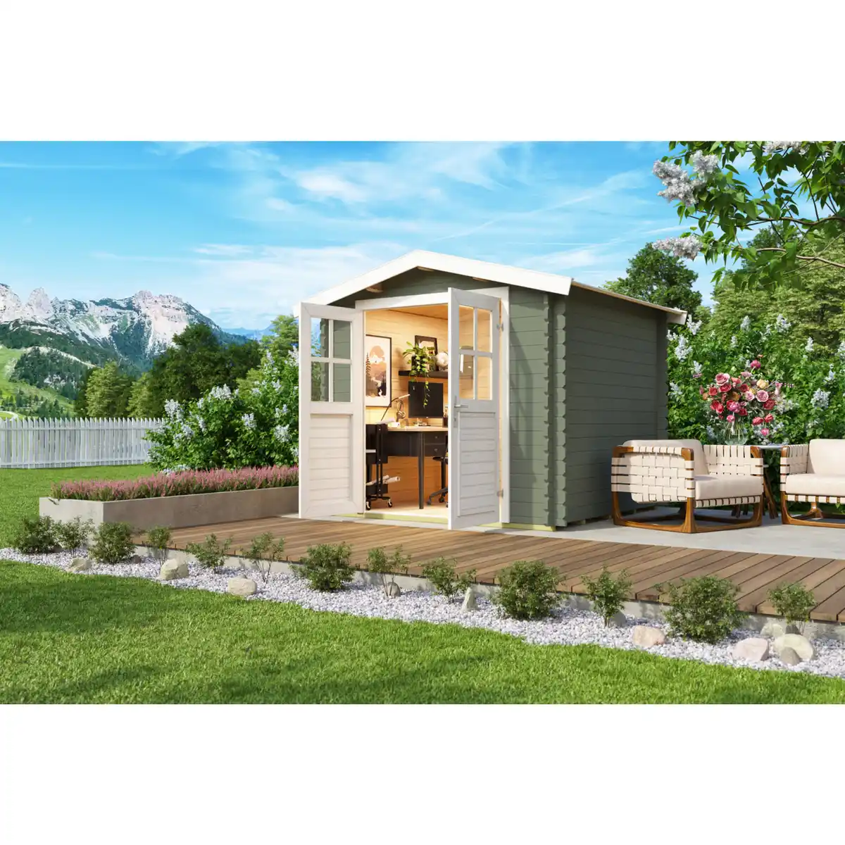 Bild 1 von Gartenhaus »Dänemark«, (BxT): 230x230 cm (Aufstellmaß), 34 mm Wandstärke, grüngrau/weiss