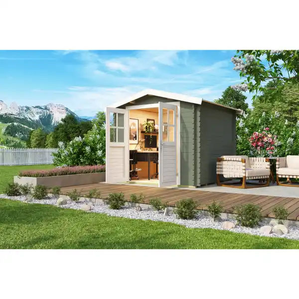 Bild 1 von Gartenhaus »Dänemark«, (BxT): 230x230 cm (Aufstellmaß), 34 mm Wandstärke, grüngrau/weiss