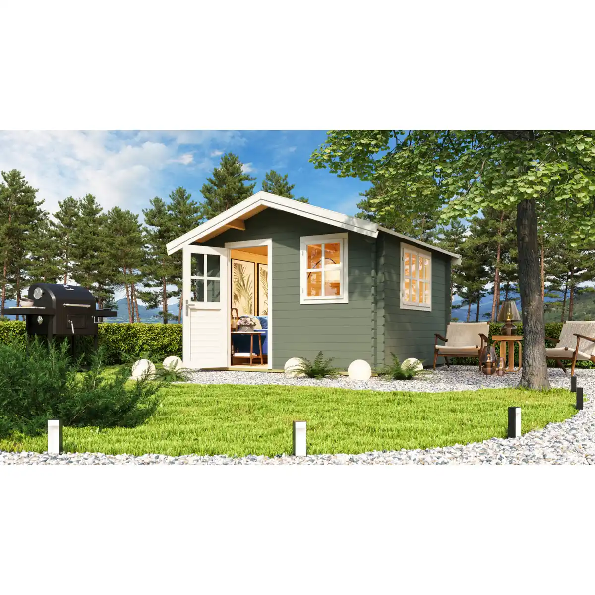 Bild 1 von Gartenhaus »Spree«, (BxT): 300x300 cm (Aufstellmaß), 34 mm Wandstärke, grüngrau/weiss