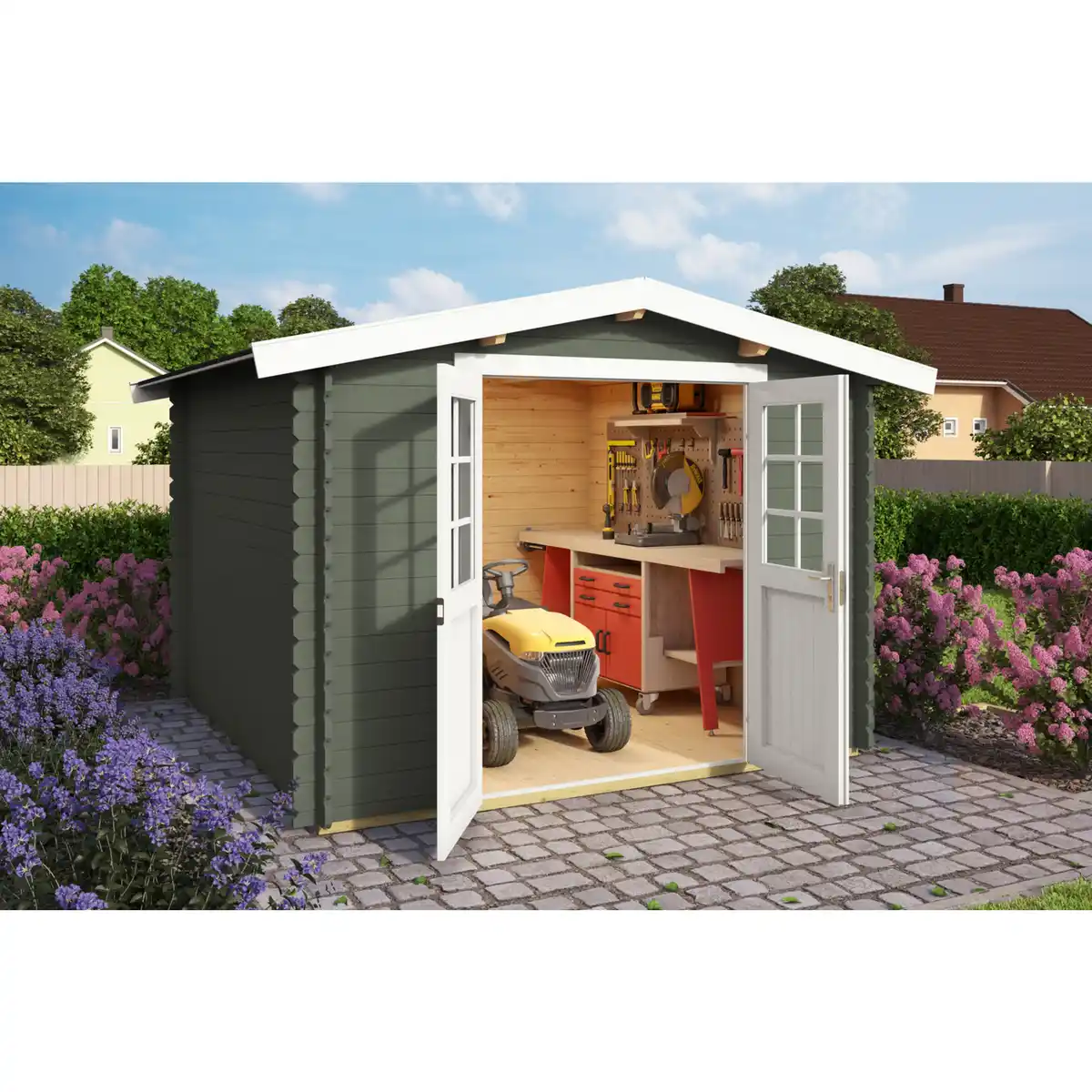 Bild 1 von Gartenhaus »Australien«, (BxT): 280x280 cm (Aufstellmaß), 28 mm Wandstärke, grüngrau/weiss