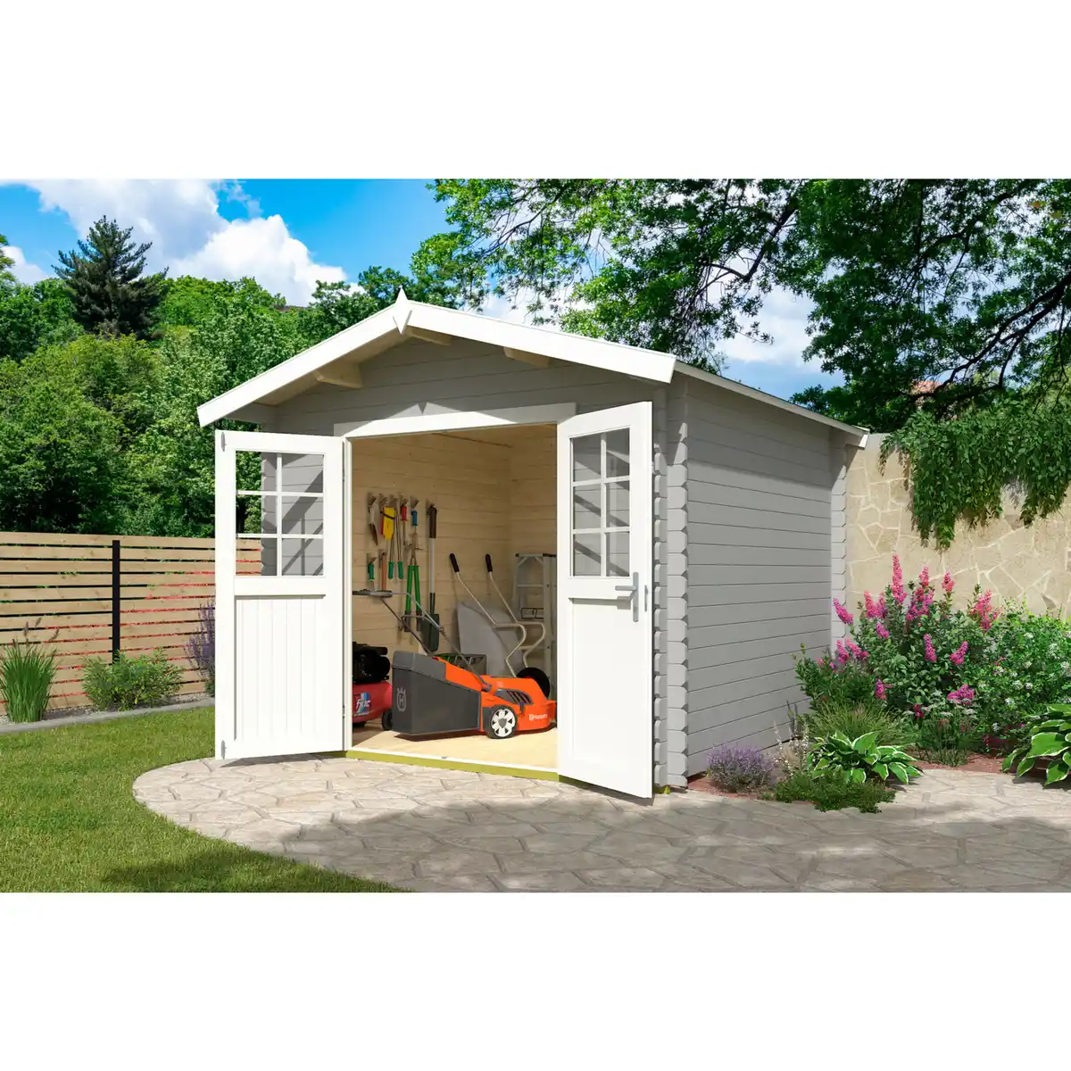 Bild 1 von Gartenhaus »Australien Plus«, (BxHxT): 316,8 x 316,8 x 330 cm (Außenmaß), lichtgrau/weiß