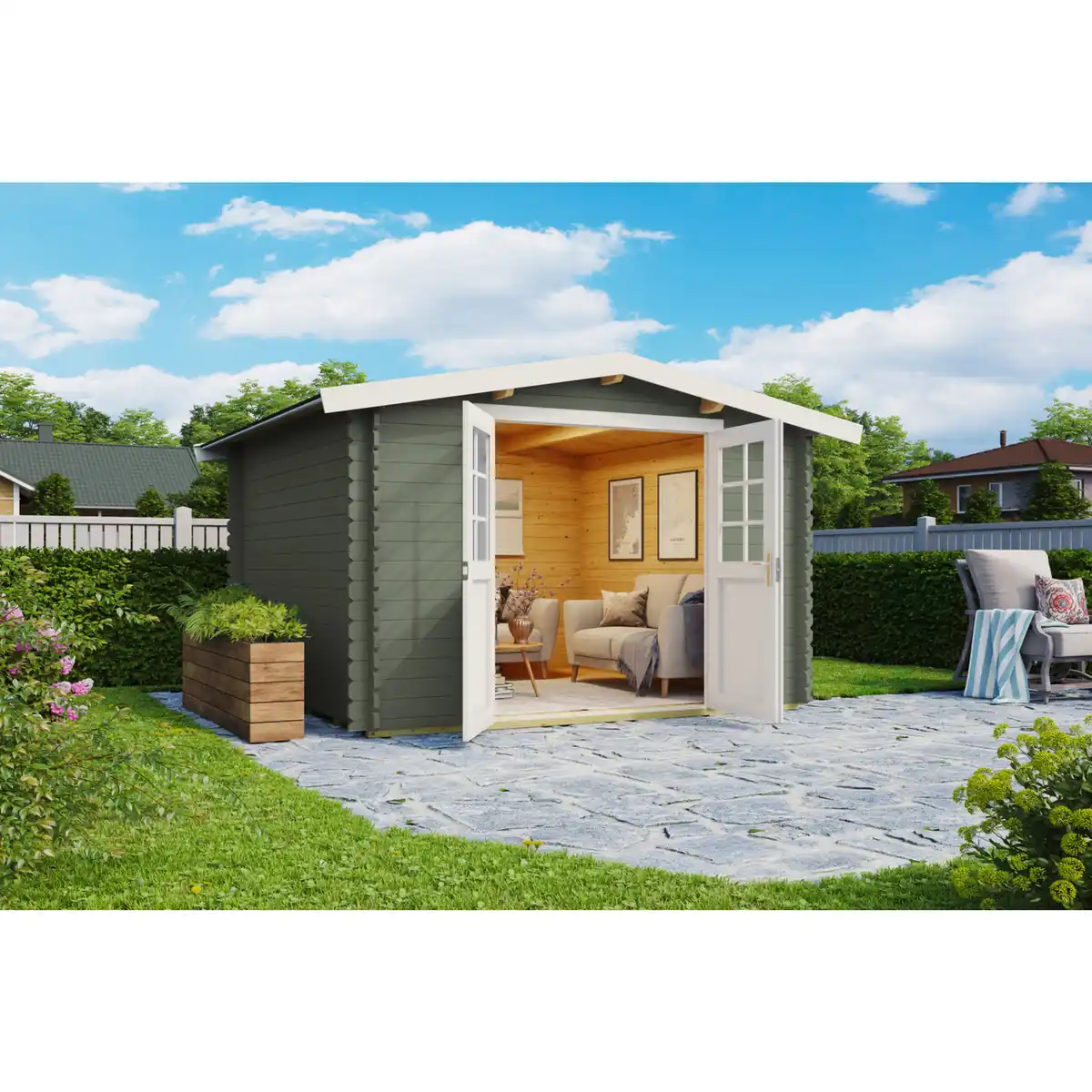 Bild 1 von Gartenhaus »Australien«, (BxT): 280x280 cm (Aufstellmaß), 34 mm Wandstärke, grüngrau/weiss