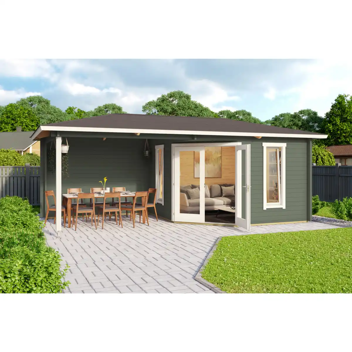 Bild 1 von Gartenhaus »Karlskrona«, (BxT): 575x300 cm (Aufstellmaß), 40 mm Wandstärke, grüngrau/weiss