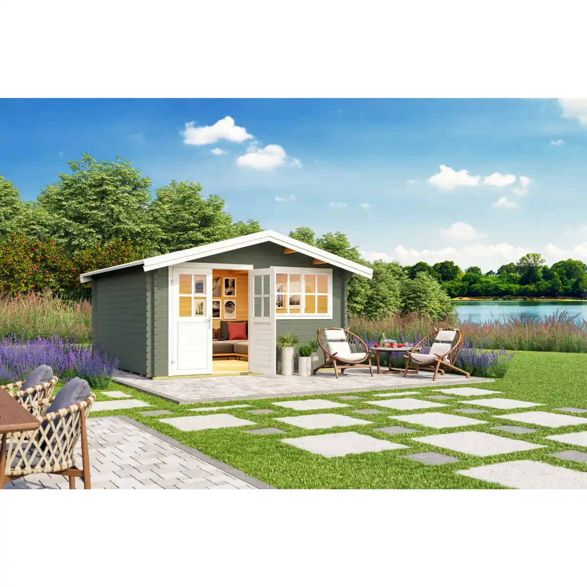 Bild 1 von Gartenhaus »Isar«, (BxT): 380x380 cm (Aufstellmaß), 34 mm Wandstärke, grüngrau/weiss