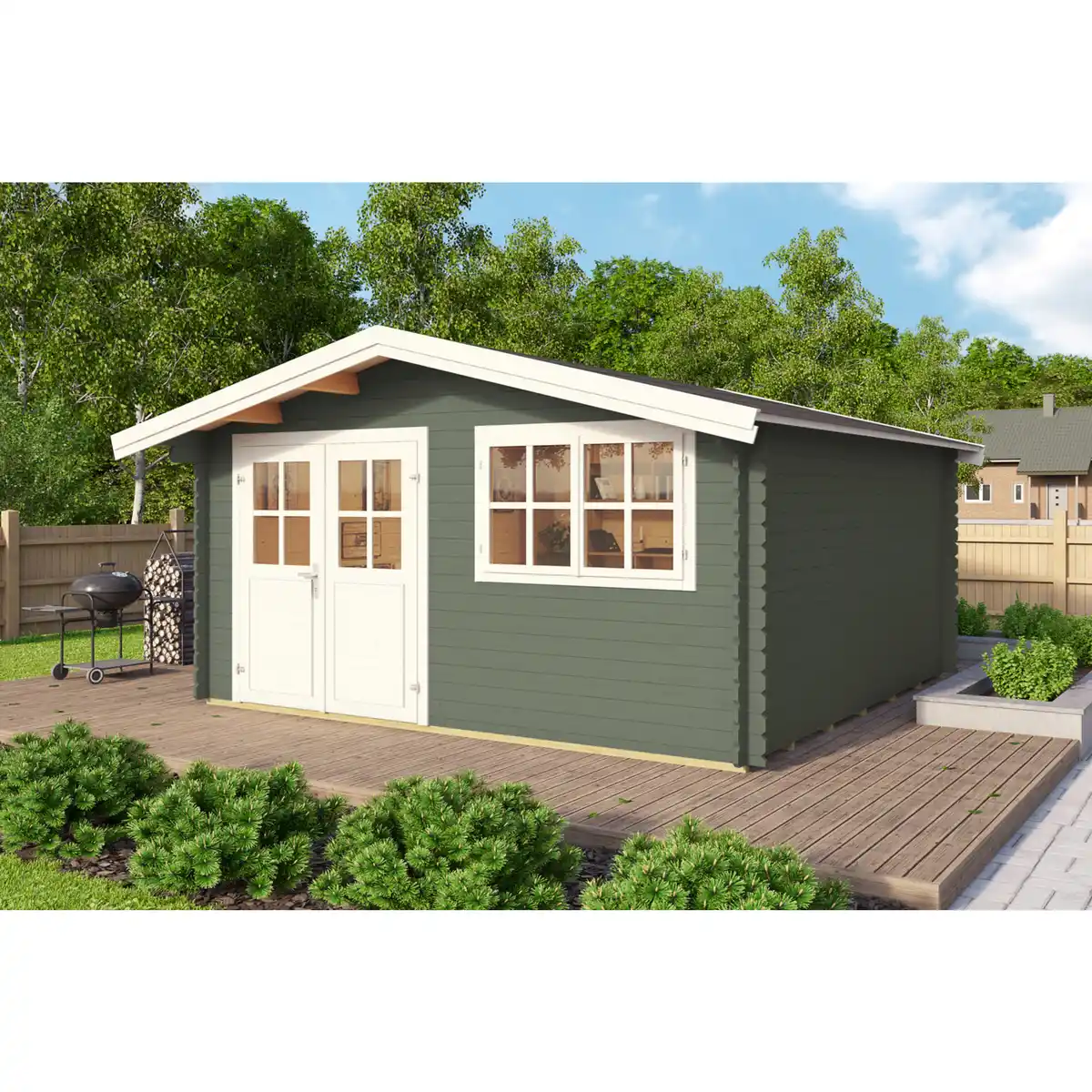 Bild 1 von Gartenhaus »Isar«, (BxT): 380x380 cm (Aufstellmaß), 28 mm Wandstärke, grüngrau/weiss