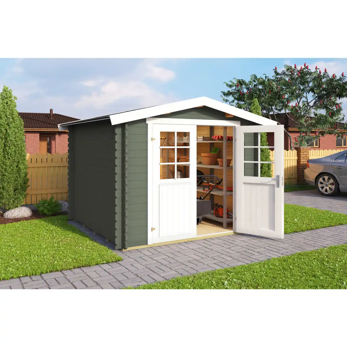 Bild 1 von Gartenhaus »Dänemark«, (BxT): 230x230 cm (Aufstellmaß), 28 mm Wandstärke, grüngrau