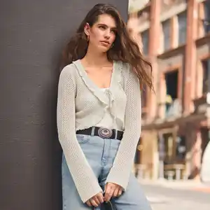 Damen-Strick-Ajour-Cardigan mit Rüschen