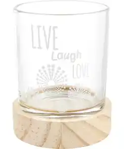 Teelichthalter mit Holzfuß, transparent