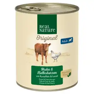 REAL NATURE Original Nassfutter für Hunde Adult Kalbsherzen und Huhn 6x800 g