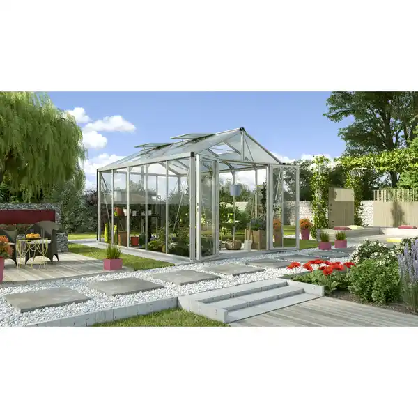 Bild 1 von Vitavia Gewächshaus 'Zeus Comfort 10000' 266,2 x 398,6 cm mit 3 mm Sicherheitsglas/10 mm Hohlkammerplatten aluminiumfarben