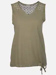 Damen Top mit Lochstickerei Oliv