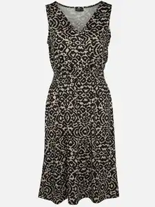 Damen Jerseykleid mit Blätterprint allover Schwarz