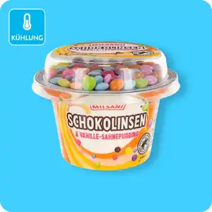 MILSANI Sahnepudding mit Süßigkeiten, Schokolinsen & Schoko-Sahnepudding oder Schokolinsen & Vanille-Sahnepudding