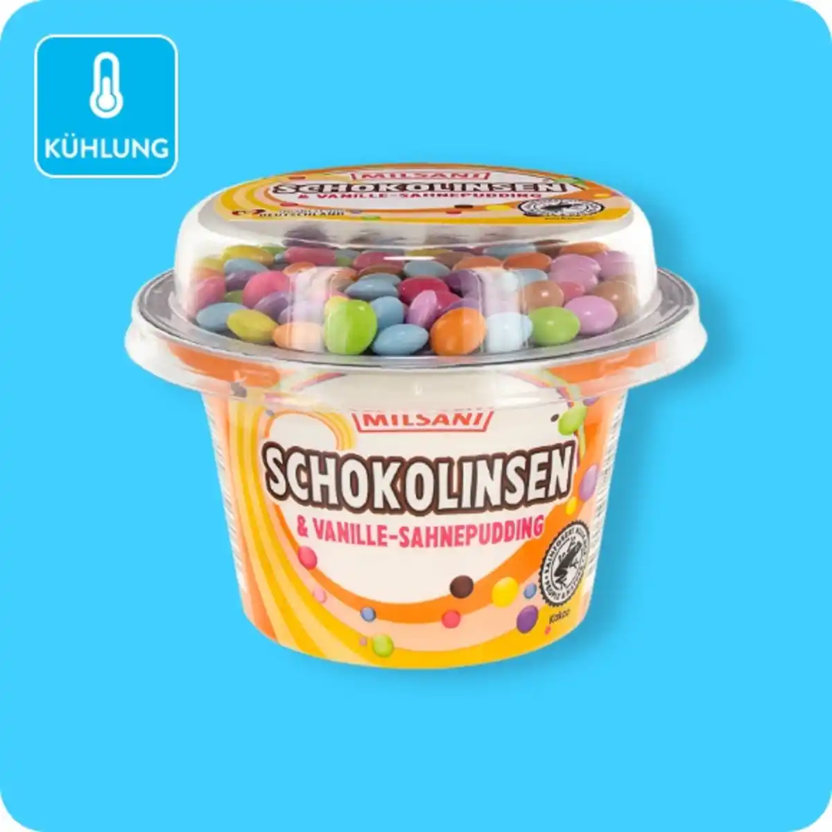 Bild 1 von MILSANI Sahnepudding mit Süßigkeiten, Schokolinsen & Schoko-Sahnepudding oder Schokolinsen & Vanille-Sahnepudding