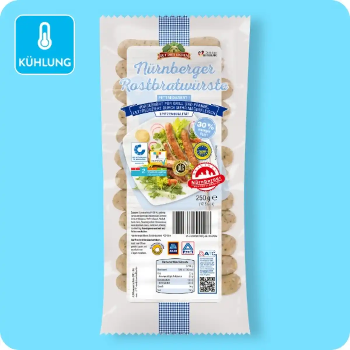 Bild 1 von GUT DREI EICHEN Nürnberger Rostbratwürste, Fettreduziert (mit Magerfleisch und 30 % weniger Fett als ein vergleichbares Standardprodukt)