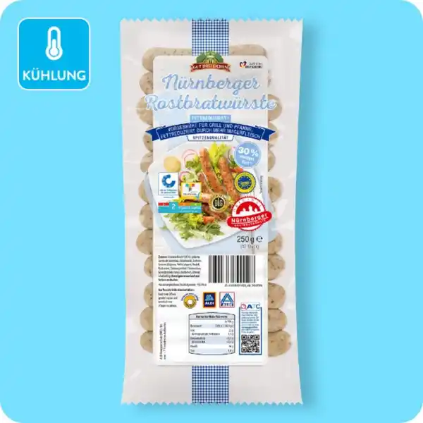 Bild 1 von GUT DREI EICHEN Nürnberger Rostbratwürste, Fettreduziert (mit Magerfleisch und 30 % weniger Fett als ein vergleichbares Standardprodukt)