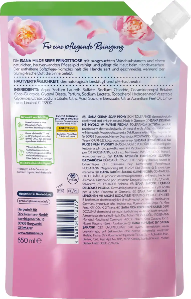Bild 2 von ISANA Milde Seife Pfingstrose Nachfüllbeutel, 850 ml