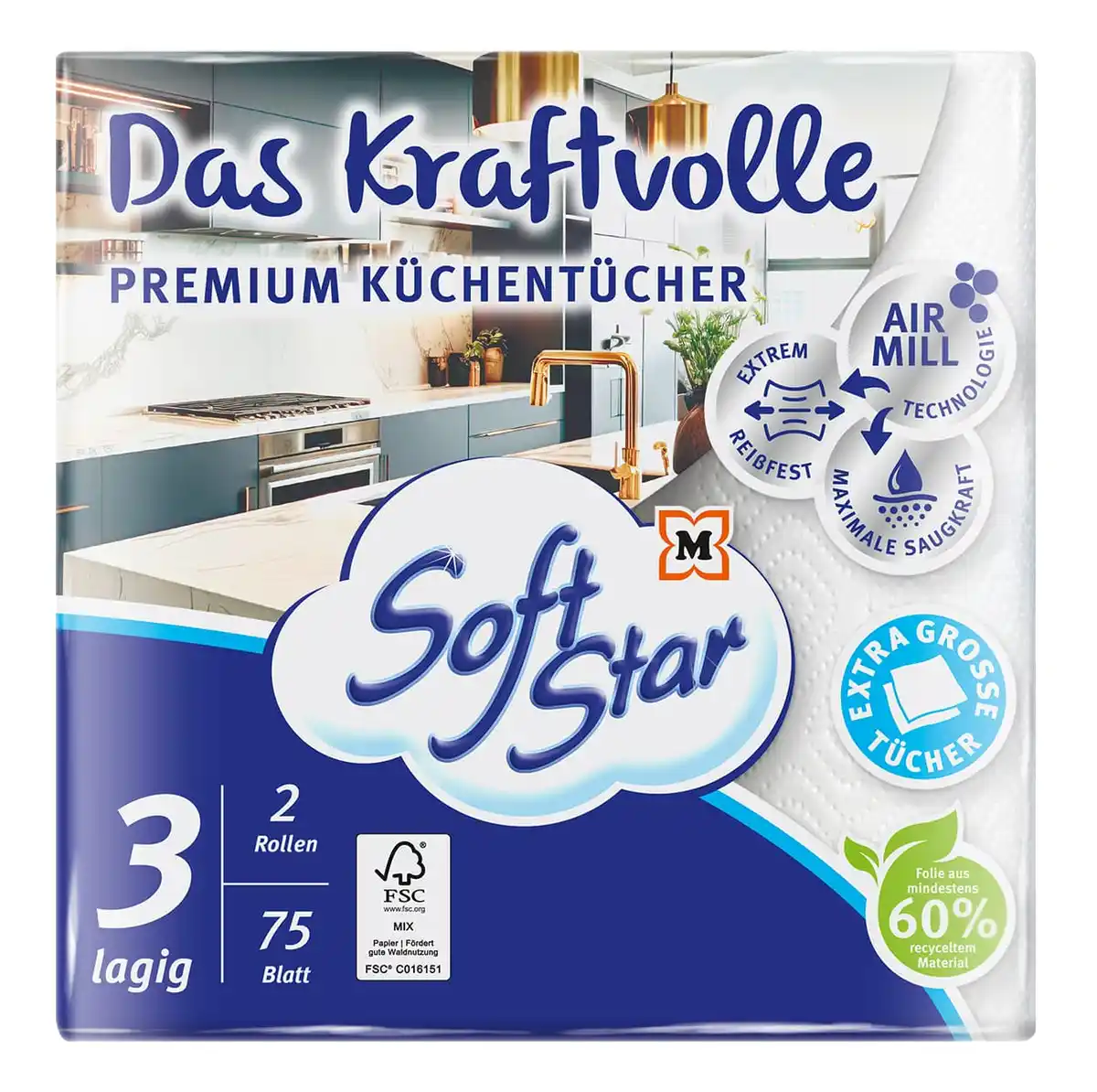 Bild 1 von SoftStar Küchentücher Das Kraftvolle Premium 3-lagig 2x75 Stück, 150 Stk