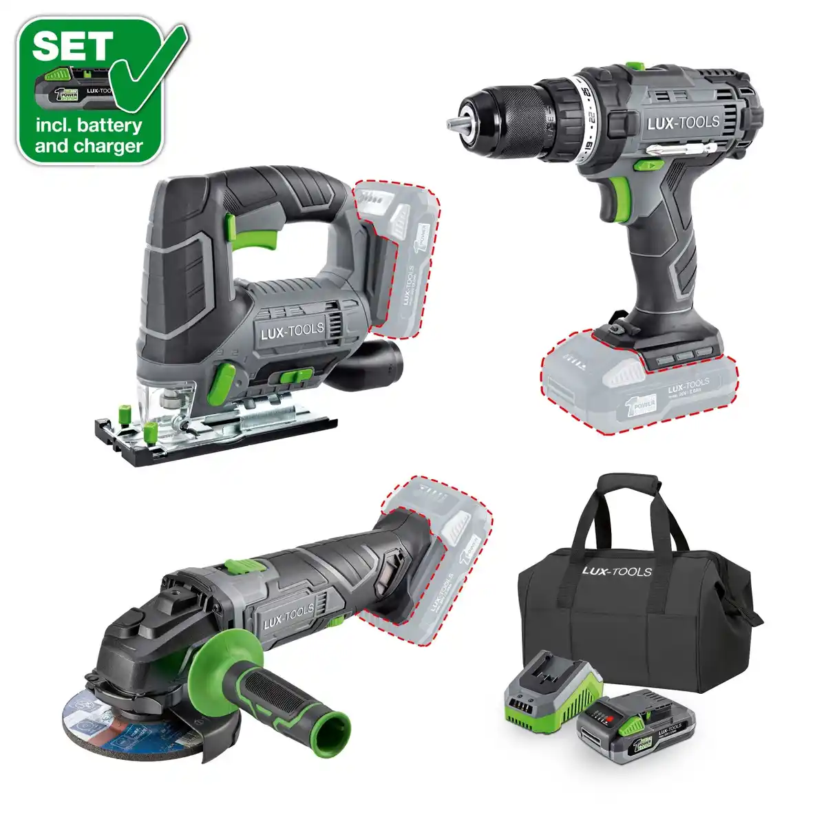 Bild 1 von LUX Akku-Maschinenset 3in1 Bohrschrauber Stichsäge Winkelschleifer 1 PowerSystem