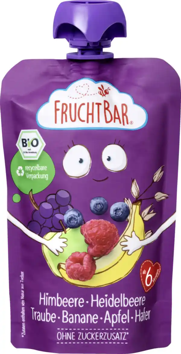 Bild 1 von FruchtBar Bio Fruchtpüree Himbeere, Heidelbeere, Traube, Banane, Apfel & Hafer, 100 g