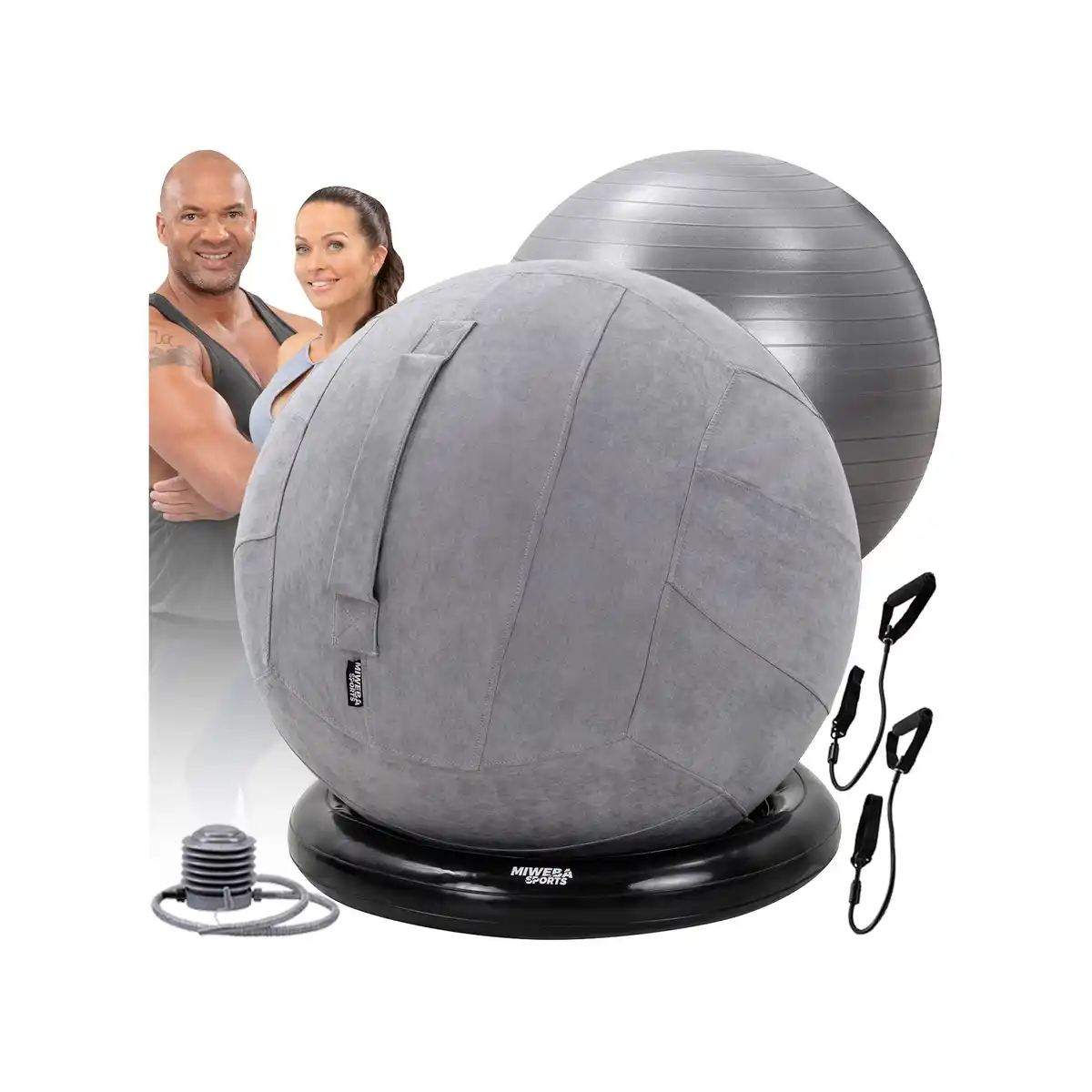 Bild 1 von Miweba Sports 4in1-Gymnastikball-Set, Sitzball, 65 cm, Ballschale, Pumpe, Bezug, Schlingentrainer (Grau)