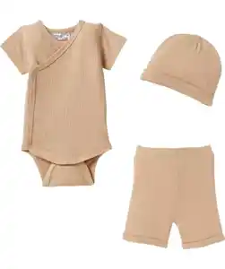 Newborn Mütze + Wickelbody + Hose, naturfarben