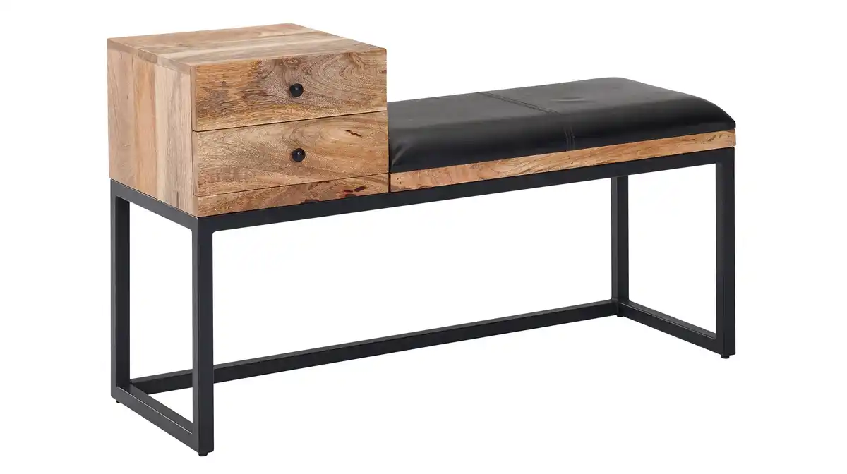 Bild 1 von Sitzbank mit Schubladen 100 cm Mangoholz massiv - Leder - MAIGA