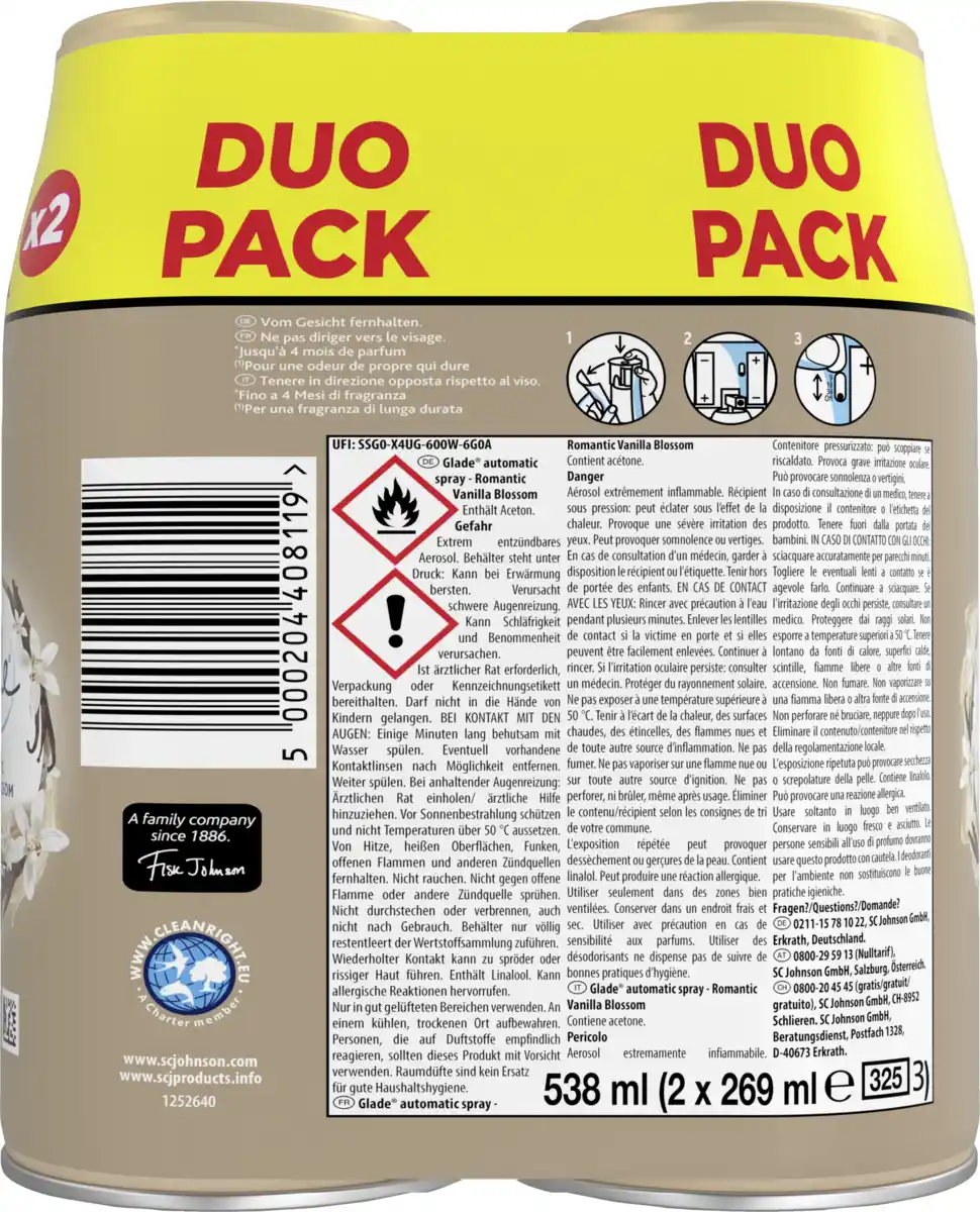 Bild 2 von Glade Automatic Spray Lufterfrischer Romantic Vanilla Blossom Nachfüller Duo-Pack, 538 ml