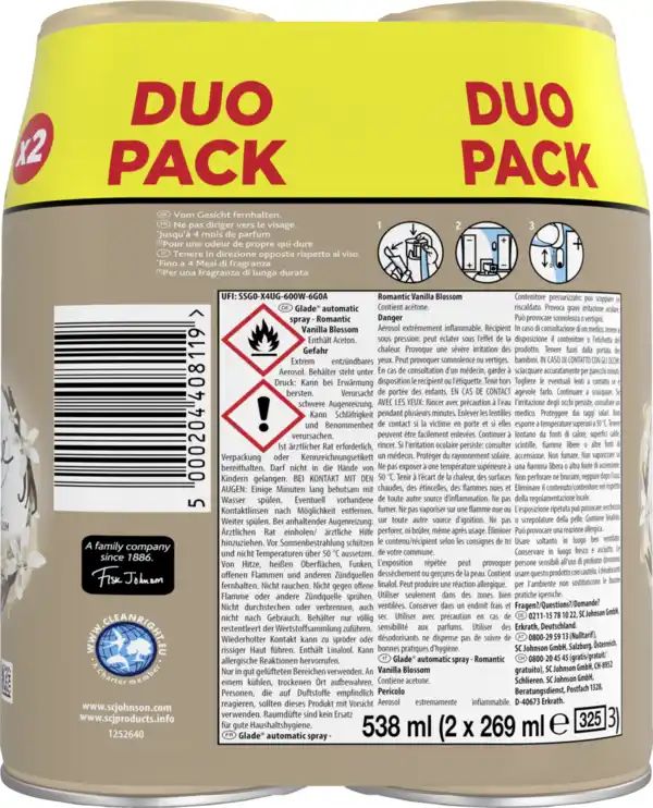 Bild 2 von Glade Automatic Spray Lufterfrischer Romantic Vanilla Blossom Nachfüller Duo-Pack, 538 ml