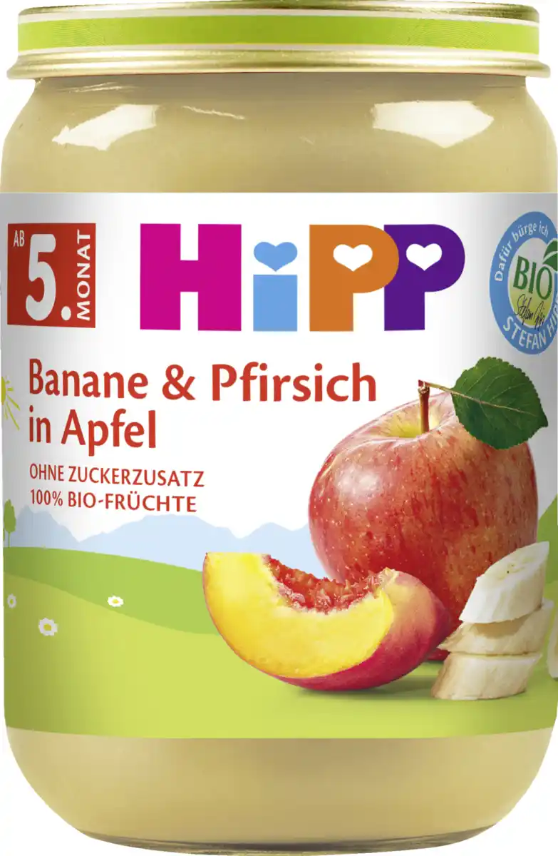 Bild 1 von HiPP Bio Früchte Banane & Pfirsich in Apfel nach dem 5. Monat, 190 g