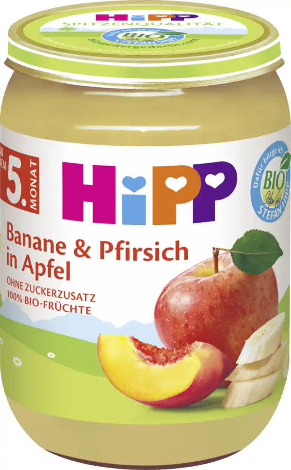 Bild 2 von HiPP Bio Früchte Banane & Pfirsich in Apfel nach dem 5. Monat, 190 g
