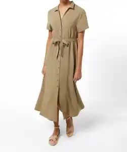 Midikleid mit Bindegürtel, Khaki