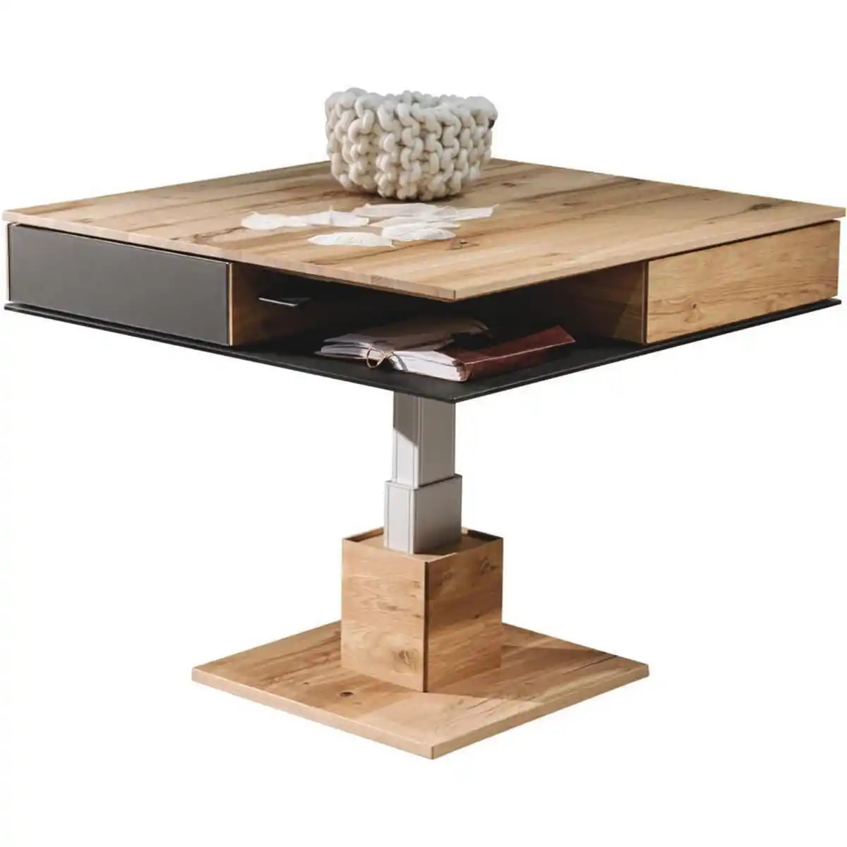 Bild 1 von Voglauer Couchtisch, Anthrazit, Eiche, Holz, Glas, Altholz, Eiche, massiv, 2 Schubladen, quadratisch, eckig, Säule, 90x38.3x90 cm, Made in Austria, Goldenes M, höhenverstellbar, Wohnzimmer, Wohnzim