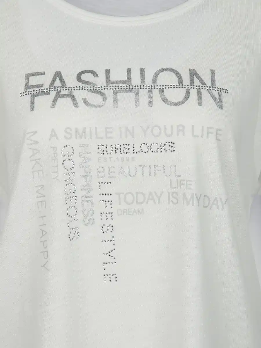 Bild 3 von Damen Shirt mit Glitzerprint und Strassbesatz Weiß